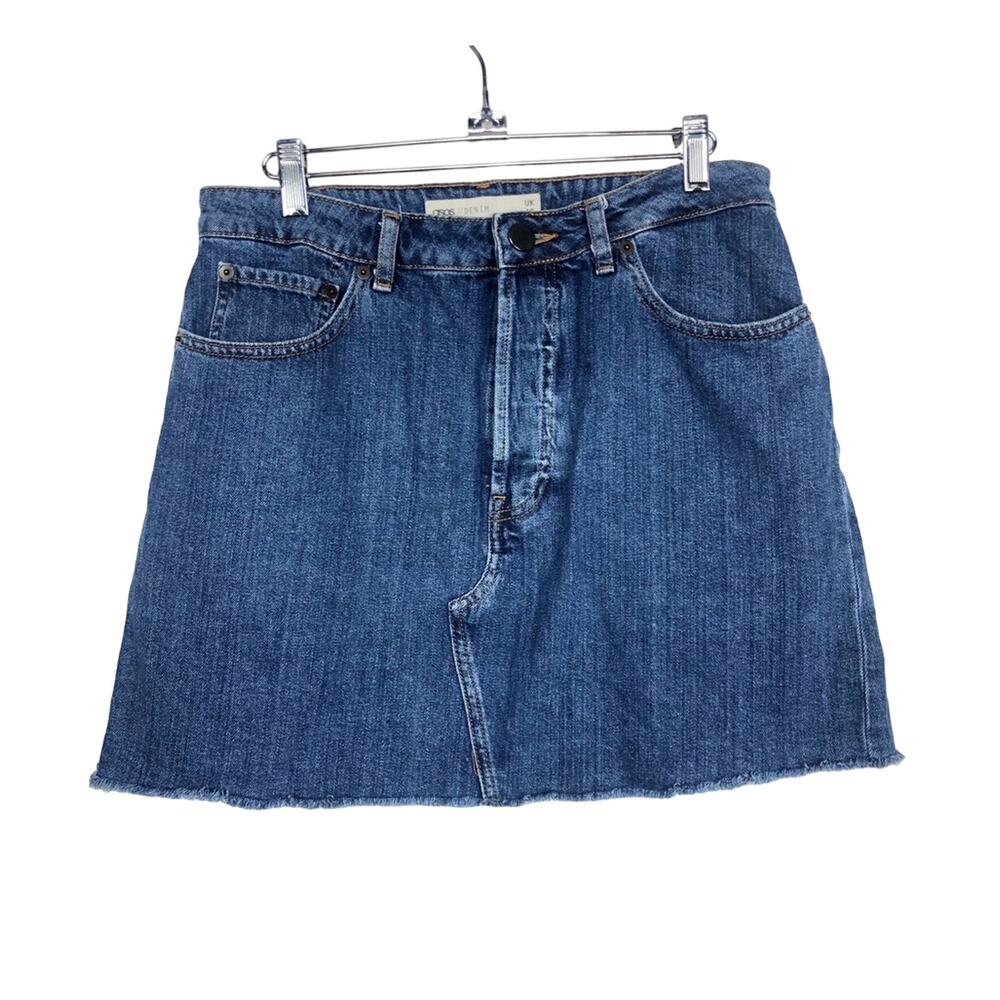 Asos Denim Jean Mini Skirt Button Fly High Rise Fray Hem Size 6